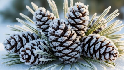 Pinecones and needles covered in glistening frost on winter snow