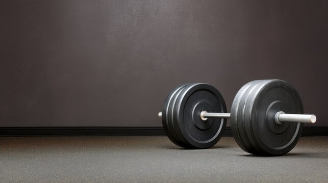 Black dumbbells on a floor in an empty gym with gray walls, perfect for fitness enthusiasts and workout plans focused on strength training and bodybuilding