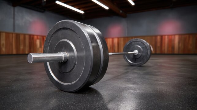 Heavy barbell with black plates on a smooth gym floor in an empty fitness studio with wooden walls and soft lighting for workout routines and training sessions