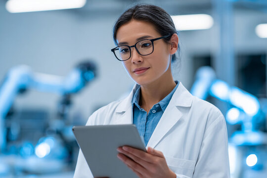 Scientist working with tablet in modern laboratory during a technology-focused research session