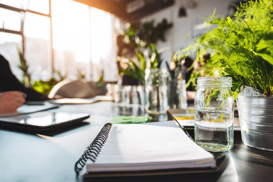 Sustainable office workspace with natural sunlight, green plants, glass water jars, and open notebook creating eco friendly and productive environment for modern professionals