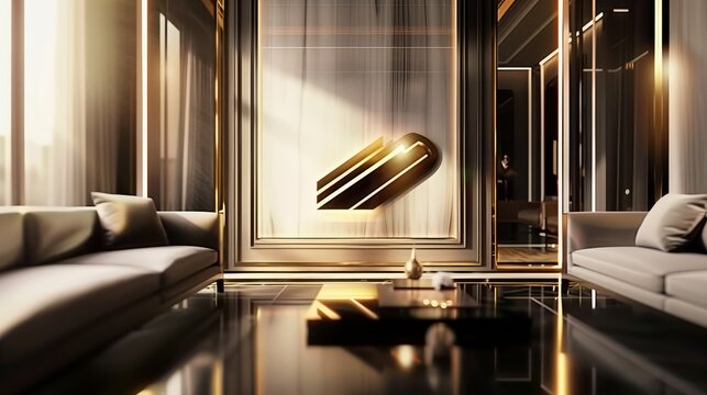 Interior design of luxury living room with sofas and golden accents in modern style with sunlight