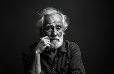Fototapeta premium Monochrome portrait of senior man posing in studio. Elderly male with grey beard looks at camera thoughtfully. Old man with wrinkled face. Loneliness and sadness concept on dark backdrop