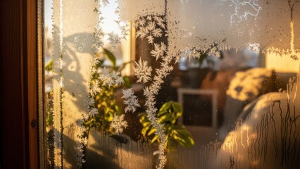 Delicate frost patterns on window, illuminated by morning sun