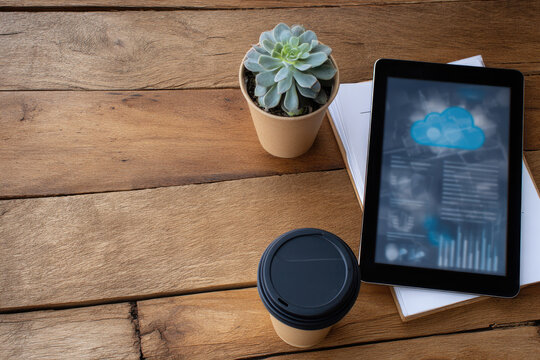 Sustainable office workspace featuring digital tablet with cloud technology, reusable coffee cup, and potted succulent plant on wooden desk for modern eco friendly environment