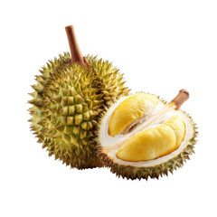Naklejka premium Durian fruit displayed on a white background showcasing its spiky skin and creamy yellow flesh highlighting its unique appearance