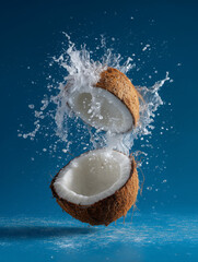 Coconut Split in Half with Coconut Juice Splashes &ndash; Food Photography on Blue Background