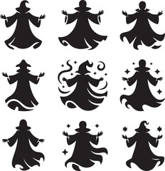 Obraz premium Various black wizard silhouettes with hats magic and mystic atmosphere