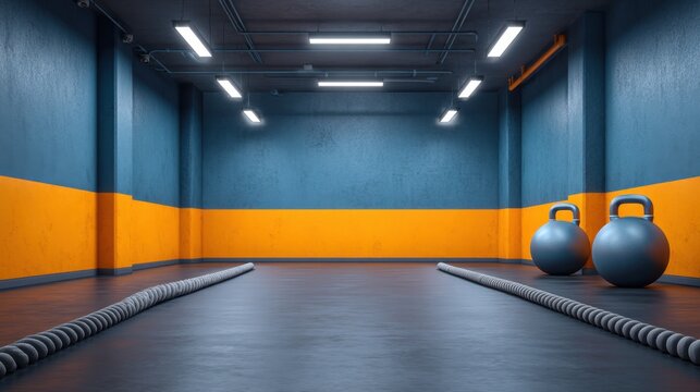 Modern gym interior with kettlebells and battle ropes on the floor, fitness training space with vibrant wall colors, well-lit and spacious environment