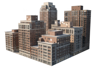 A cluster of detailed realistic urban city buildings isolated on transparent background