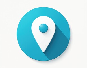 Bright blue circle holds white map pin icon with long shadow. Modern graphic symbol represents location, navigation, travel, GPS apps, digital mapping, internet. Clean flat design concept for web