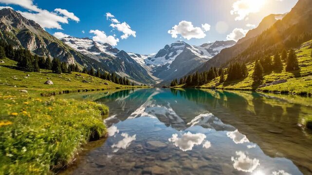 Serene mountain landscape with reflecting lake and verdant meadow under bright sunlight