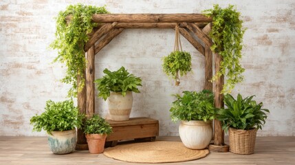 Fototapeta premium Rustic wooden arch adorned with vibrant greenery and lush plants creating a serene indoor garden setting for relaxation and tranquility