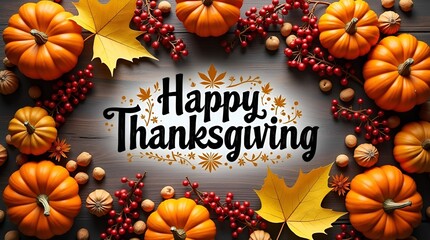 Top-view Thanksgiving composition featuring dry golden leaves, small pumpkins, red berries, scattered nuts, and a decorative frame on wooden boards, with a graceful capital calligraphy greeting