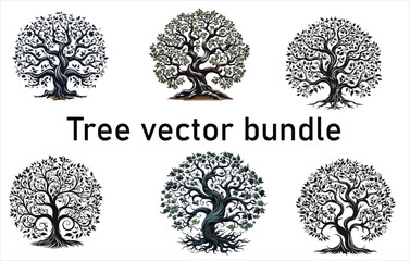 Tree silhouette vector set, forest tree clipart, pine and deciduous trees, black nature shapes, bare and leafy trees, botanical illustration bundle