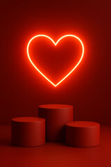Three podiums with red neon heart shape - romantic sales, proposals and anniversaries