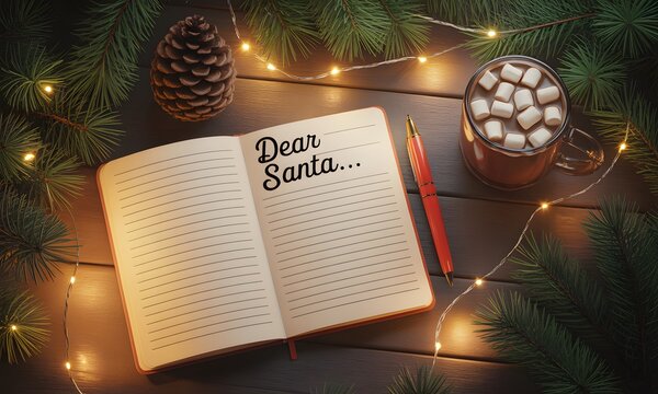 Cozy Christmas scene with Dear Santa letter, warm cocoa, and twinkling lights ready for a special wish this holiday season