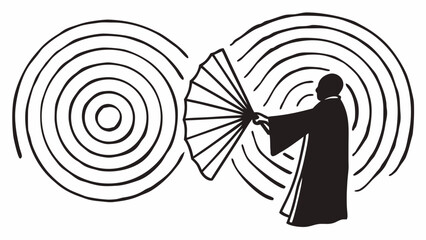 Silhouette figure with fan amidst concentric circles creating a sense of movement and rhythm in monochrome shahid