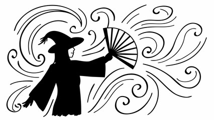 Silhouette of a witch with a hat and a fan surrounded by swirling wind patterns in black and white shahid