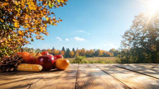 Autumn harvest bounty of fresh apples, pumpkins, and corn on a rustic wooden table with a blurred background of golden fall foliage and a clear blue sky. - Powered by Adobe