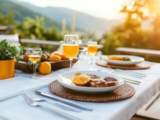 Obraz premium Elegant outdoor dining table set with gourmet food, wine, and fresh orange slices, overlooking a scenic mountain landscape at sunset