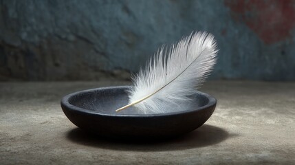 Delicate White Feather Resting in a Simple Black Bowl on a Textured Surface with a Soft Light Highlighting the Fine Details of the Feather and Bowl
