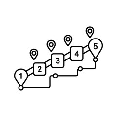 Linear process timeline with five numbered steps and location pins, showing a journey, isolated on