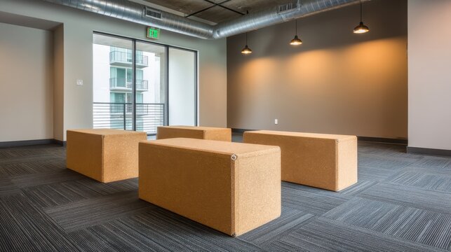 Modern minimalist interior with cork seating and natural lighting in an urban spacious lounge area with large windows and neutral color palette