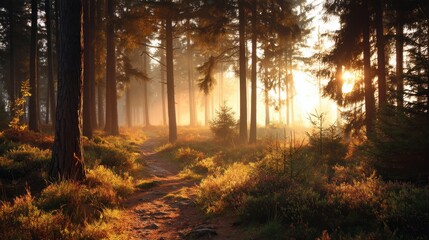 Obraz premium Serene Early Morning Light Streaming Through Tall Trees in a Misty Forest Landscape with Gentle Path and Lush Greenery in Autumn Mood