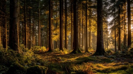 Obraz premium Serene Sunlit Forest Landscape with Tall Trees and Lush Underbrush in Autumn Splendor Capturing the Beauty of Nature's Tranquility