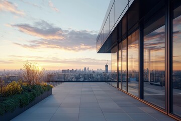 Obraz premium Modern rooftop terrace overlooking a sprawling cityscape at sunrise with warm golden light reflecting on glass building facades and soft clouds in the sky