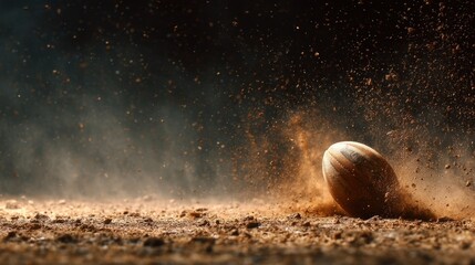 A football is shown rolling on a dusty field creating an exciting scene. Dust rises around the ball highlighting the movement and suggesting a competitive game in progress.