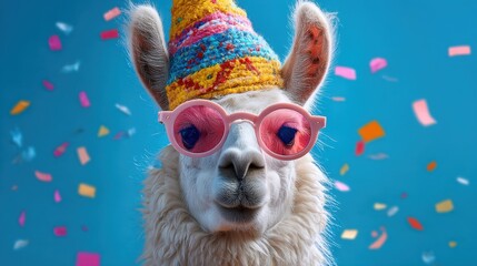 A happy llama dressed in a bright party hat and pink sunglasses enjoys a fun celebration with colorful confetti flying around. The vibrant scene captures a playful spirit.