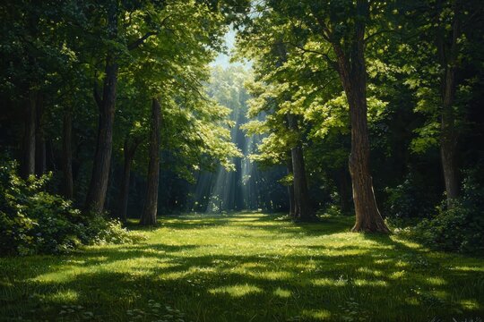 Sunlight streams through lush green forest canopy, illuminating a tranquil meadow with dappled light and shadows, creating a serene and magical natural landscape.