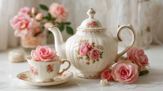 A beautiful porcelain tea set features antique designs with pink roses. Fresh flowers add charm to the serene table scene enhancing a moment perfect for tea time.