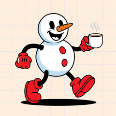 Happy Snowman Character Walking and Holding a Hot Cup of Coffee or Cocoa
