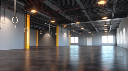 Empty modern gym space with hanging rings, bright lighting, polished floor, and spacious open layout ready for workout or fitness activities