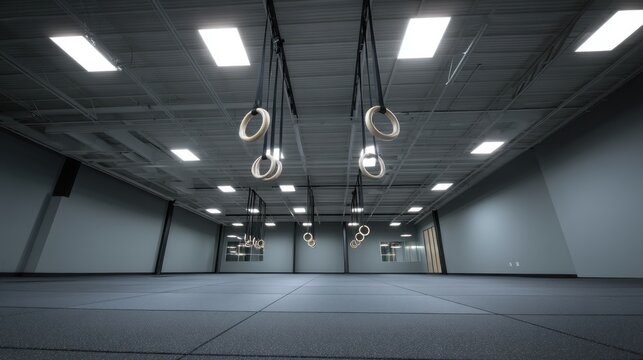 Spacious and Modern Gym Interior Featuring Gymnastic Rings Suspended from the Ceiling with a Minimalist Aesthetic and Neutral Color Palette