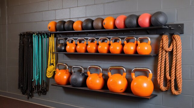 Vibrant Collection of Kettlebells and Slamballs in a Modern Gym Setup with Ropes and Resistance Bands for Effective Workout Sessions