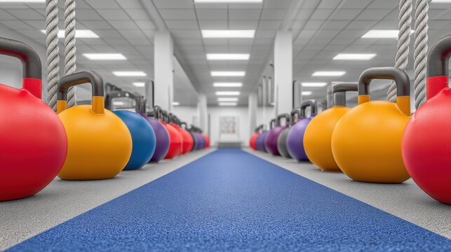 Colorful kettlebells lined up in a modern gym setting, highlighting fitness equipment for strength training and exercise, creating an inviting workout atmosphere.