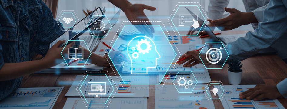 A dynamic meeting scene showcasing teamwork and innovation with digital tools for effective business strategy, analysis, and planning in a modern office setting. Trope