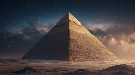 Great Pyramid of Giza under celestial canvas: Witness the majesty of the Great Pyramid of Giza under a celestial canvas of the twilight, illuminated in the glow of the sunset.