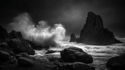 Obraz premium Waves Crash Against Rocks in Dramatic Ocean Scene