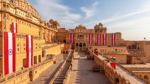 Majestic Amber Fort Displaying Tricolor Banners, Showcasing Indian Pride and Heritage