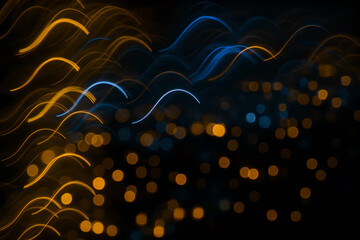Abstract creative neon light painting background with flowing gold and blue curved lines and soft bokeh circles on dark night backdrop for futuristic technology design