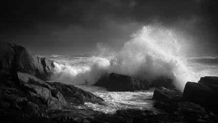 Fototapeta premium Waves Crash Against Rocks in Dramatic Ocean Scene