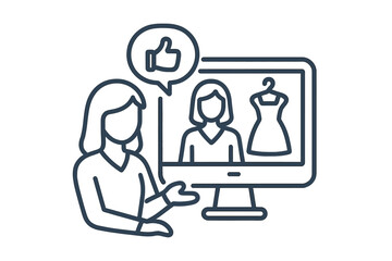 Woman recommending online fashion item displayed on a desktop computer screen