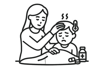 Caring parent checking the fever of a sick child resting in bed with medicine