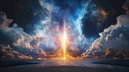 Fototapeta premium Vast cosmic nebula with vibrant golden and blue clouds, stars, and a bright central light beam reflecting on a calm, dark ocean surface under a starry sky.