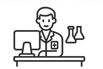 Smiling laboratory worker using a desktop computer with chemical glassware and medical cross symbol